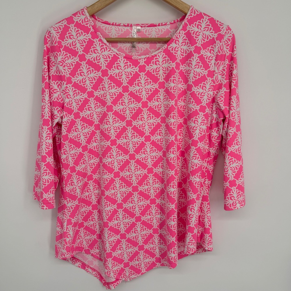 Lulu-B Top UPF+ Pink White Geometric Medallion Print Scoop Neck Top Medium
